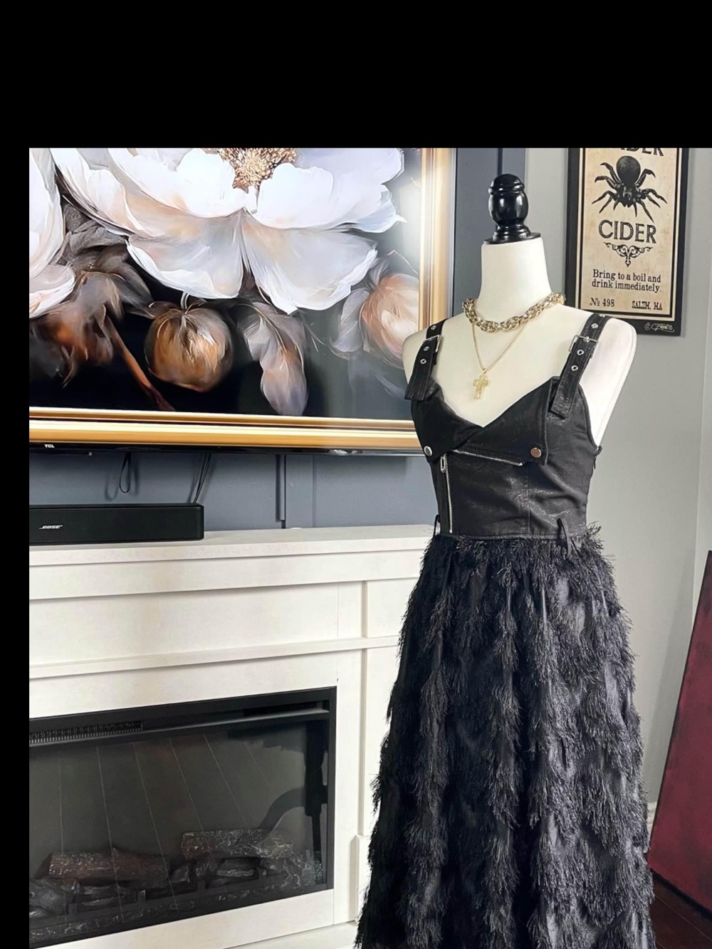 Black Strappy Feathery Midi Dress - Women's